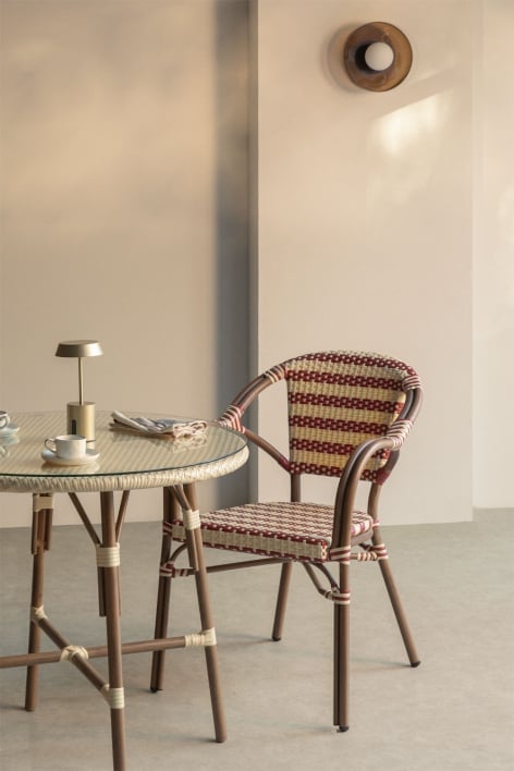 Stapelbarer Esszimmerstuhl Solange Bistro mit Armlehnen aus synthetischem Rattan und Aluminium