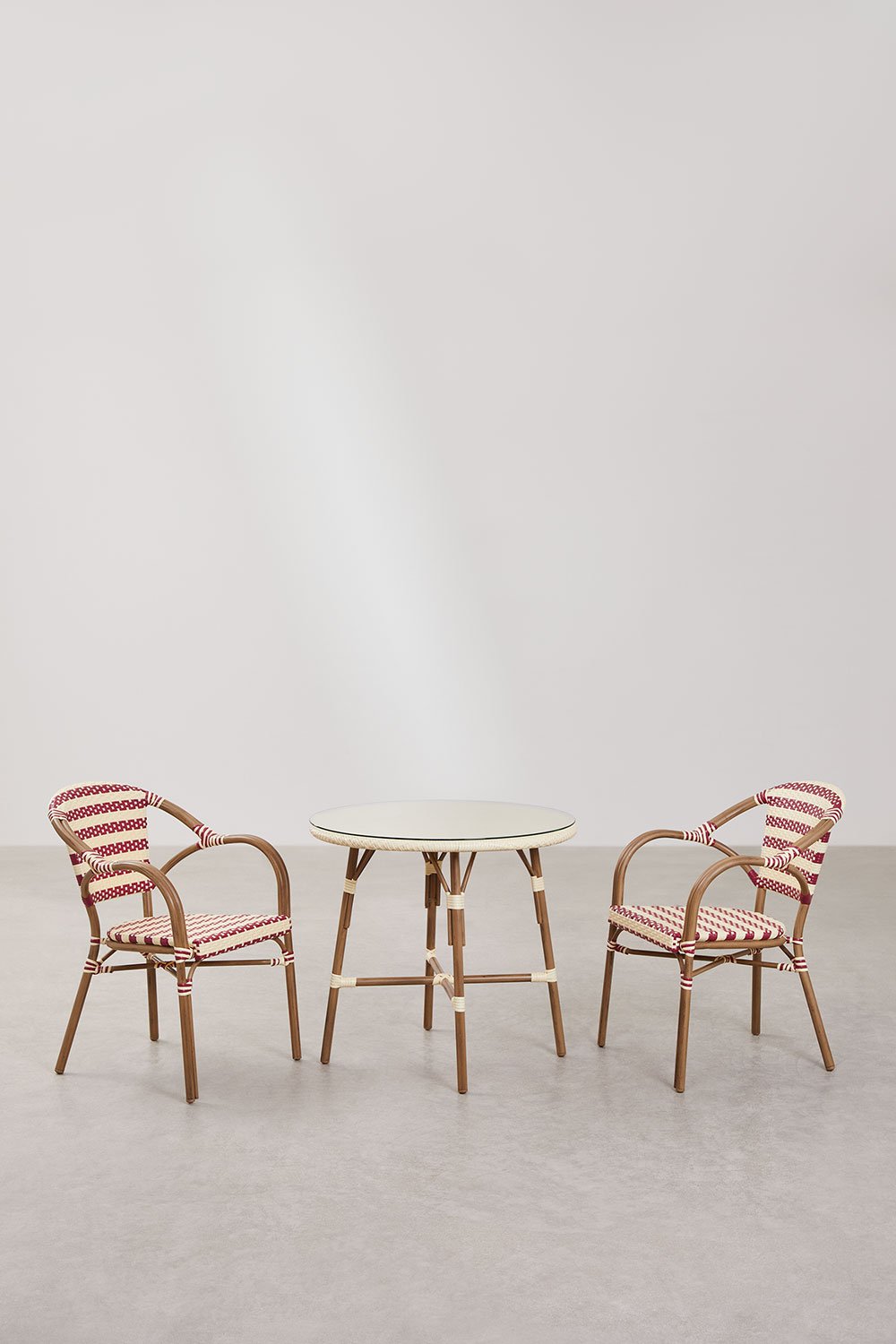 Runder Tischset Ø80 cm Brielle Bistro und 2 Stühle mit Armlehnen aus synthetischem Rattan und Aluminium Solange Bistro, Galeriebild 2