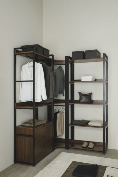 Offener modularer Eckschrank mit 3 Teilen und Schubladen aus Stahl und Holz Ariaster