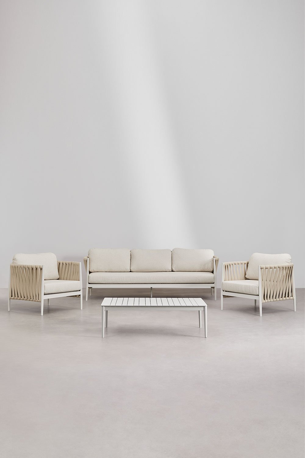 Garten-Set mit 3-Sitzer-Sofa, rechteckigem Couchtisch 120x70 cm und 2 Sesseln aus Aluminium Sereilen, Galeriebild 2