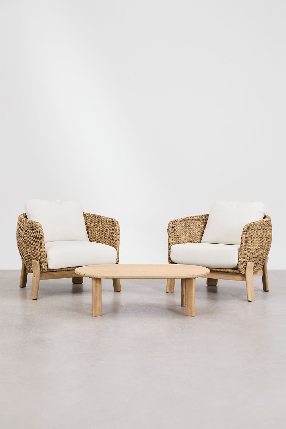 Wohnzimmer-Set mit 2 Sesseln und Couchtisch aus Akazienholz und Rattan 100x60 cm Leilan, Galeriebild 2