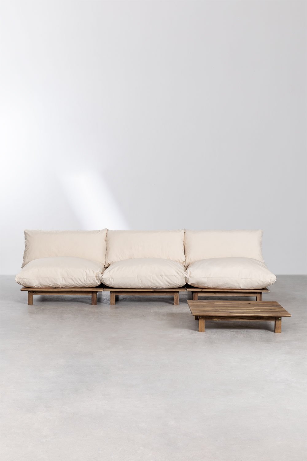 Brina 3-teiliges modulares Liegesofa-Gartenset mit Couchtisch aus Akazienholz, Galeriebild 4