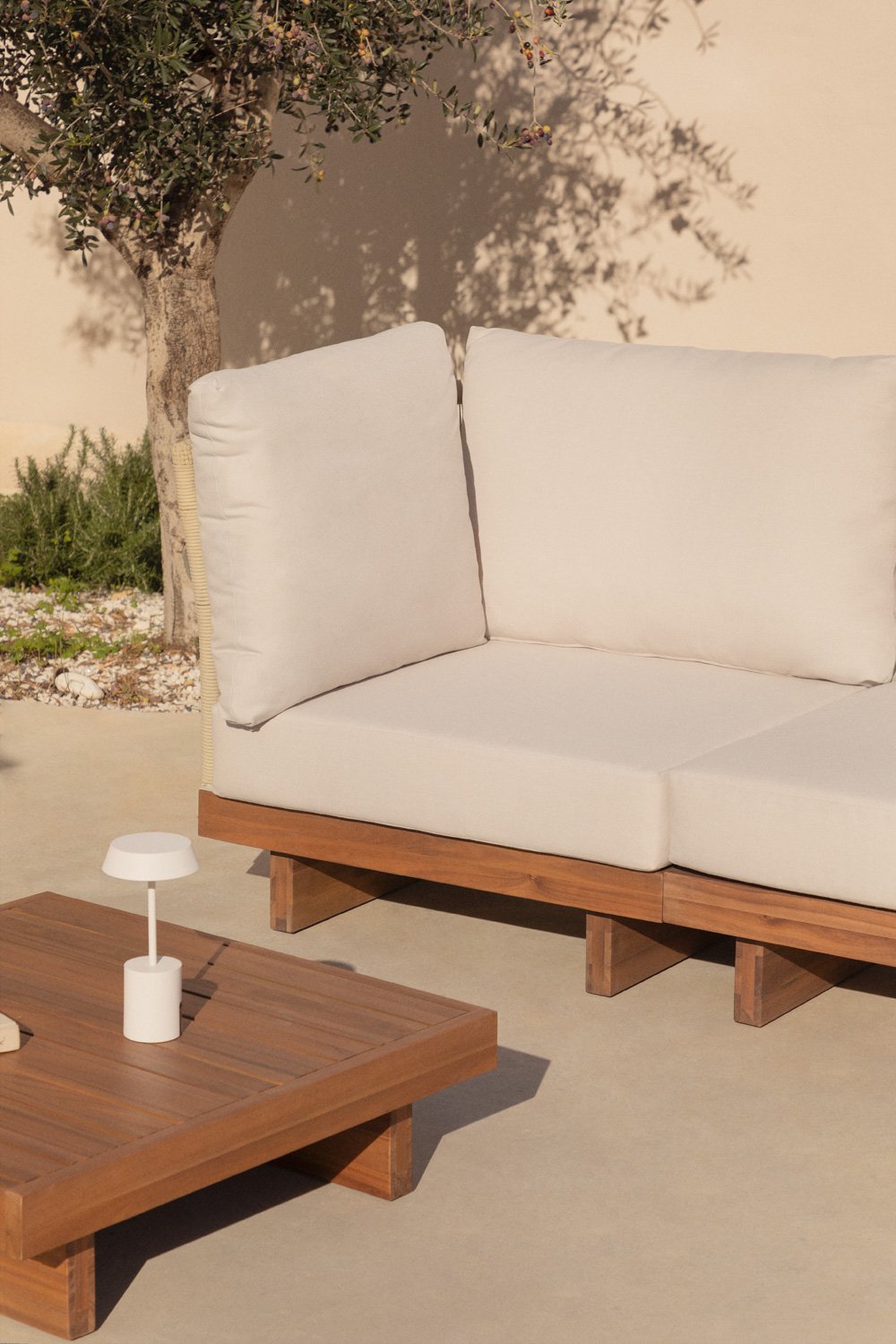 Eckmodul für Gartenmodulsofa aus Akazienholz und geflochtener Kordel Dailin, Galeriebild 1