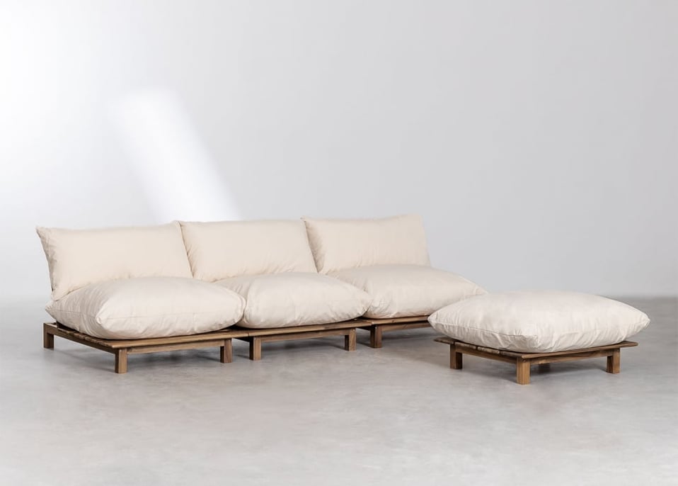 3-teiliges modulares Liegesofa mit Ottomane aus Akazienholz Brina - Creme-Beige
