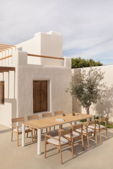 Rechteckiges Tischset 260x100 cm aus Aluminium und Teakholz Sirka und 8 Gartenstühle mit Armlehnen aus Holz Saira