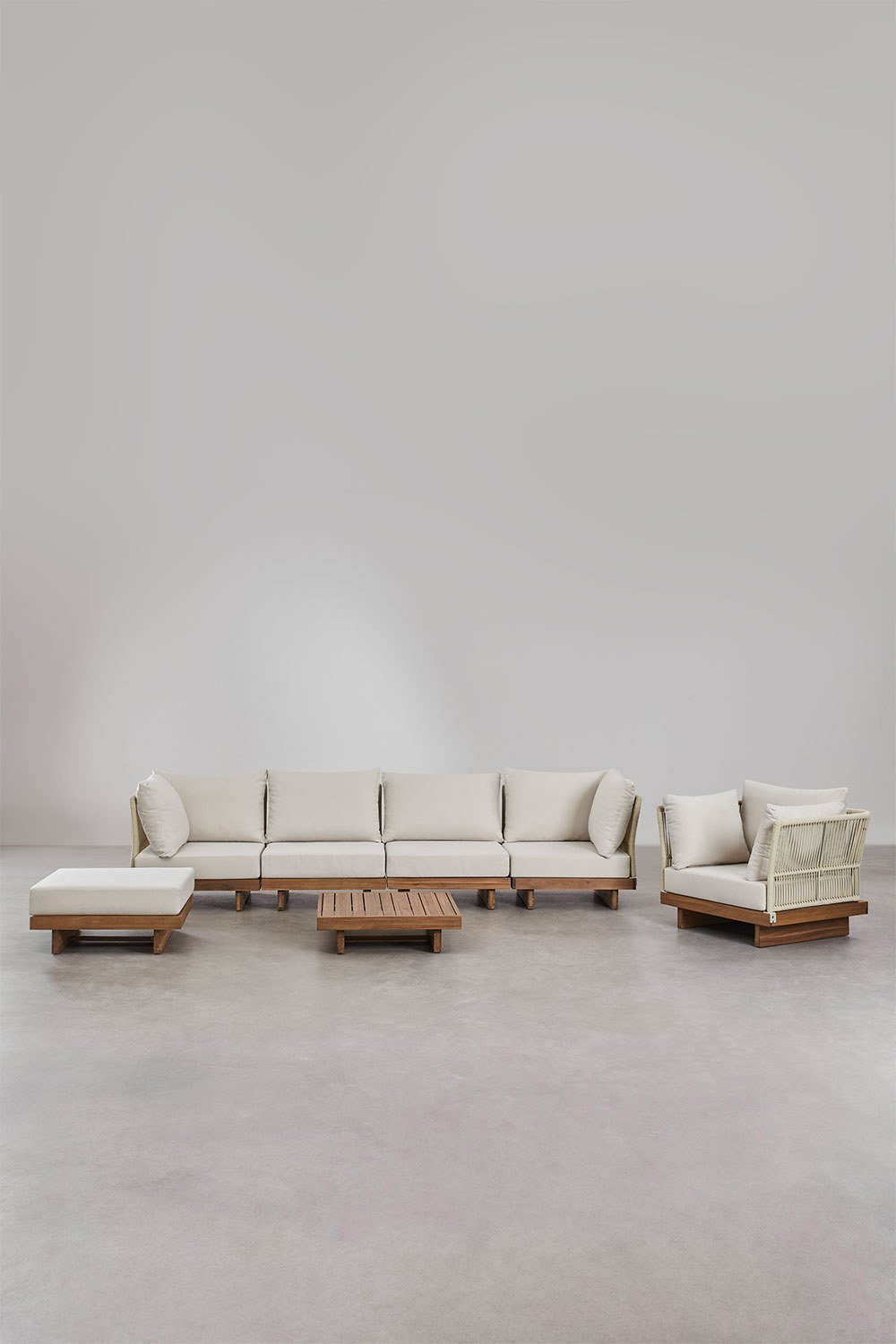 Dailin 4-teiliges modulares Gartensofa-Set mit 2 Eckstühlen, Couchtisch, Sessel und Pouf aus Akazienholz, Galeriebild 1