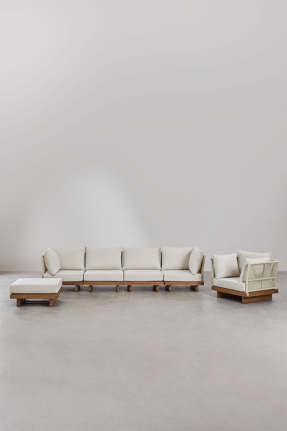 Garten-Set mit 4-teiligem modularen Sofa mit 2 Ecksesseln, Sessel und Puff aus Akazienholz Dailin, Galeriebild 1