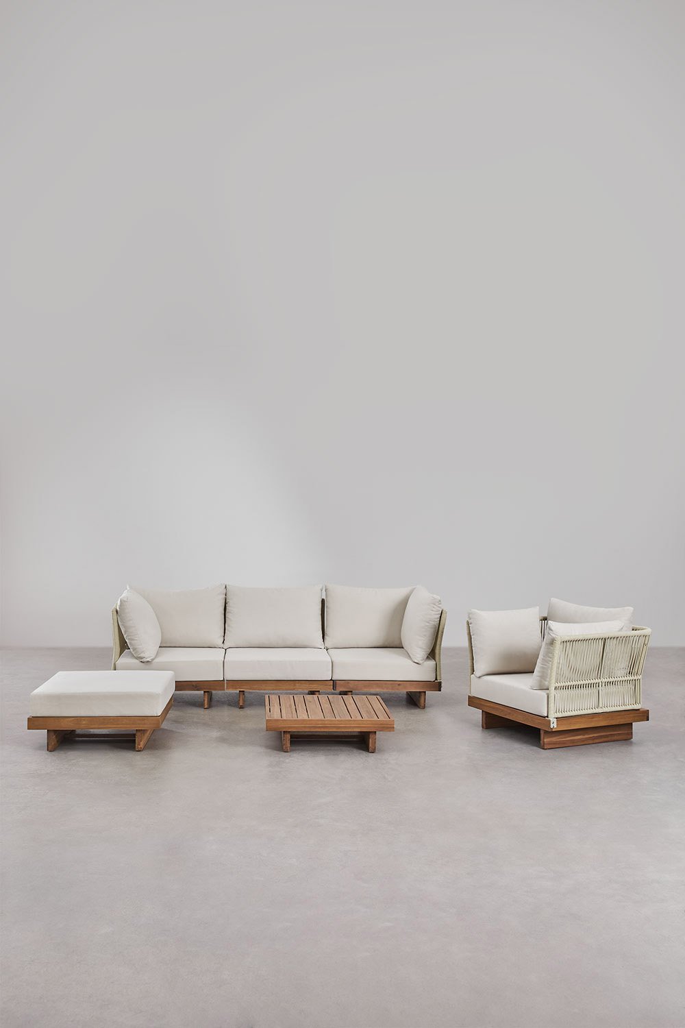 Dailin 3-teiliges modulares Gartensofa-Set mit 2 Eckstühlen, Couchtisch, Sessel und Pouf aus Akazienholz, Galeriebild 2