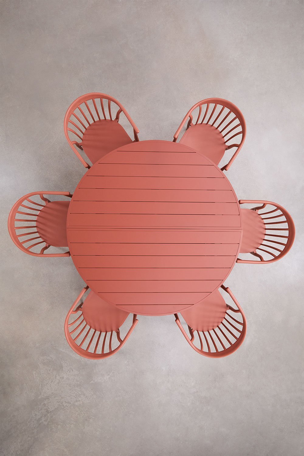 Set ausziehbarer runder Esstisch 145-200x145 cm aus Aluminium Barces und 6 stapelbare Gartenstühle mit Armlehnen Ivor, Galeriebild 3