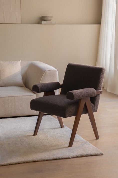 Lucca-Sessel aus Holz und Bouclé-Stoff