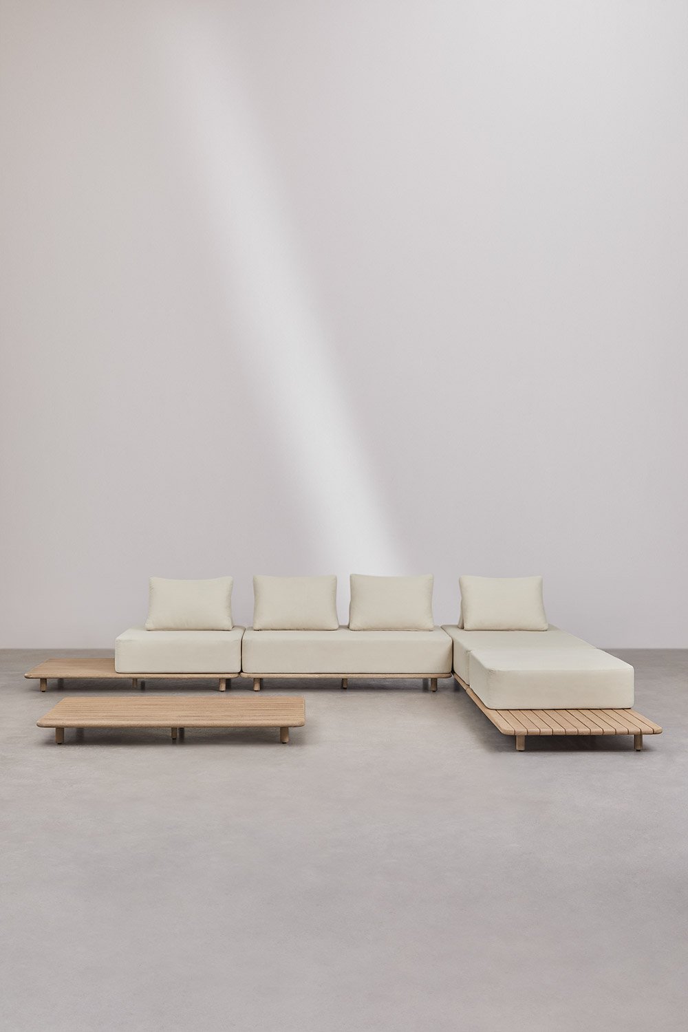 Gartenset mit 4-teiligem modularen Chaiselongue-Sofa mit Beistelltisch und Couchtisch 160x95 cm in Portet-Akazie, Galeriebild 4