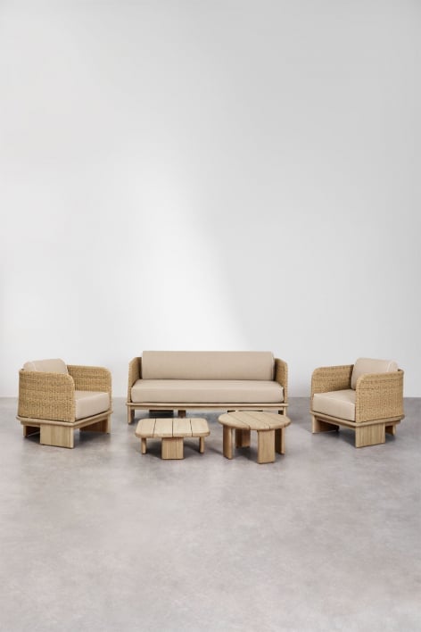 Wohnzimmerset mit 3-Sitzer-Sofa, 2 Sesseln und 2 Couchtischen aus Rattan und Akazienholz Famara