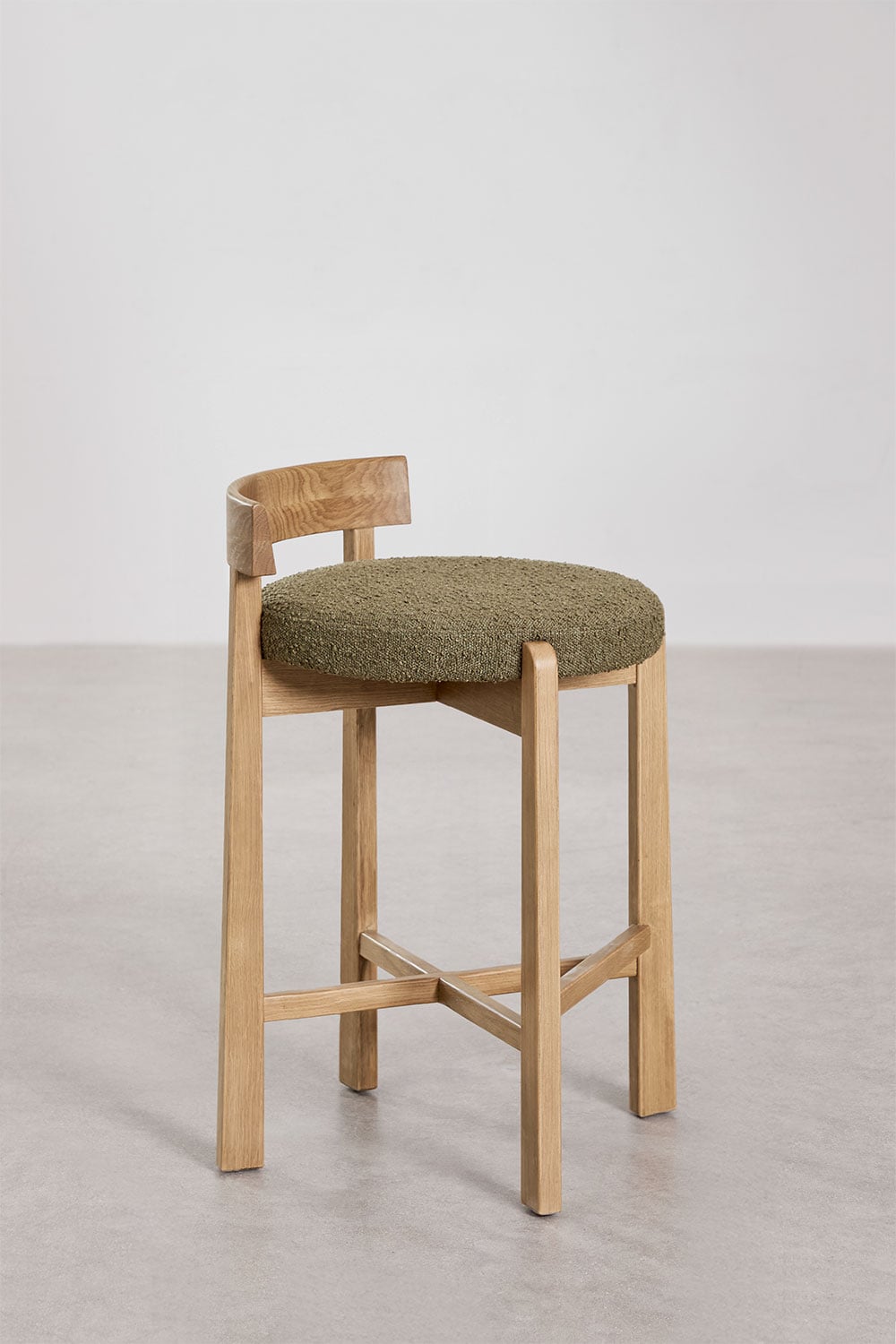 2er Pack Barhocker 65 cm Eichenfurnier Natur Finish Bouclé Stoff Armeegrün Manila, Galeriebild 4