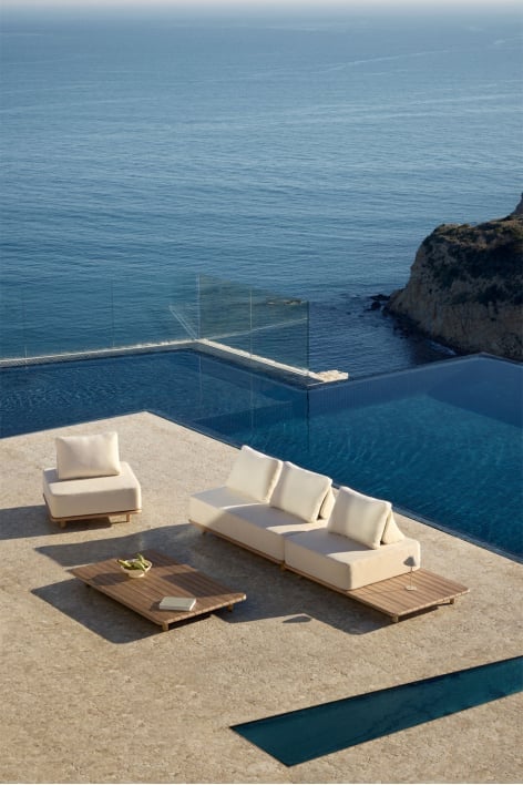 Gartenset mit 2-teiligem Modulsofa mit Beistelltisch, Sessel und Couchtisch 160x95 cm in Portet Akazie