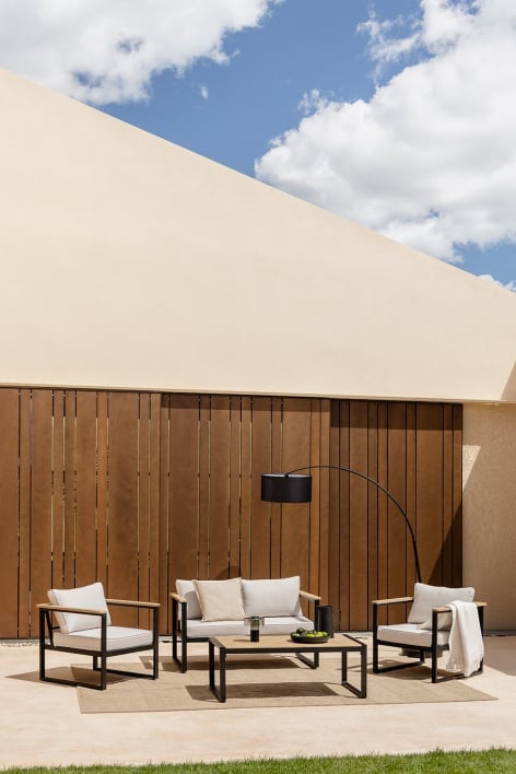 Gartenset mit einem 2-Sitzer-Sofa, 2 Sesseln und einem Couchtisch aus Aluminium und Lipov-Akazienholz.