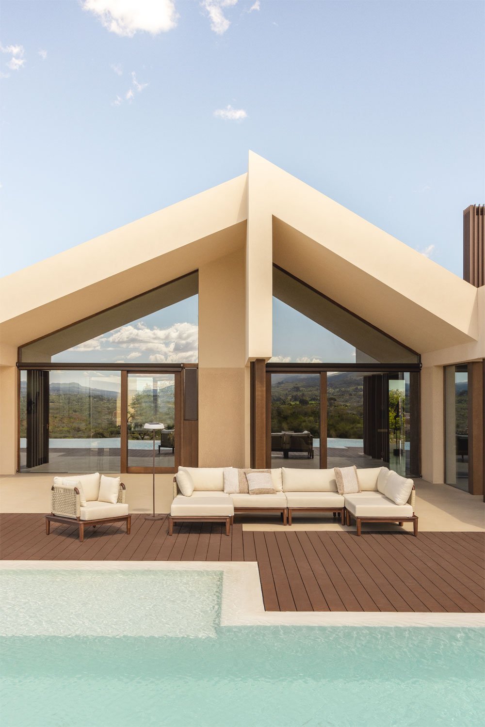 Gartenmöbel-Set mit 5-teiliger modularer Ecksofa mit Pouf und Sessel aus Akazienholz Giulia, Galeriebild 1