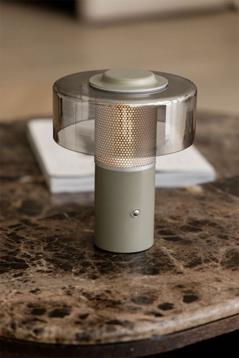 Kabellose LED-Tischleuchte Elfriede aus Glas und Stahl