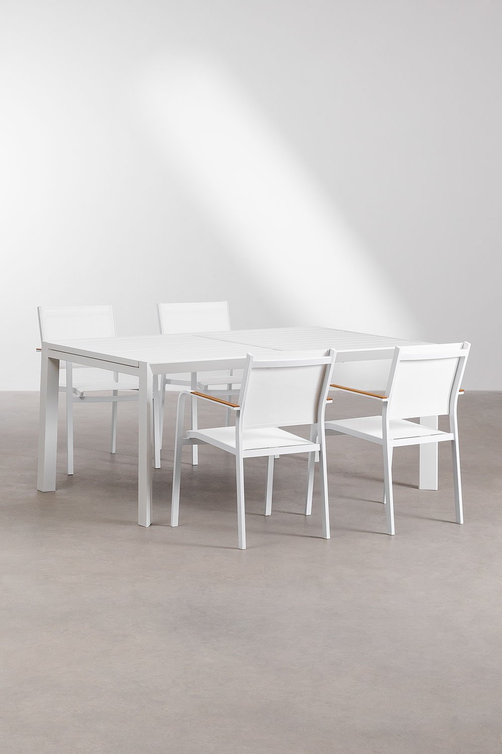 Rechteckiger Tischset 180-240x100 cm ausziehbar Starmi und 4 stapelbare Gartenstühle aus Aluminium Archer, Galeriebild 2
