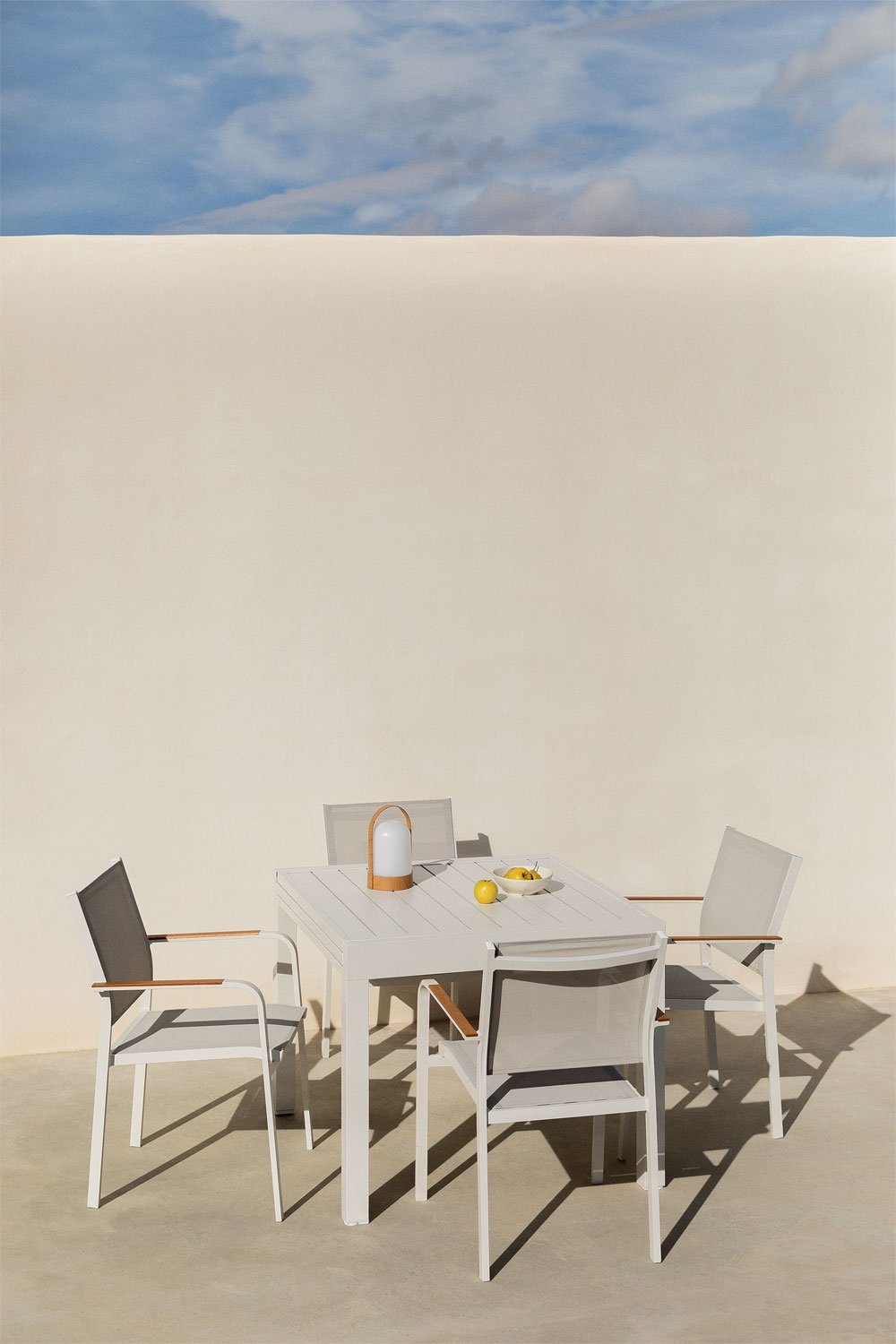 Rechteckiger Tischset 180-240x100 cm ausziehbar Starmi und 4 stapelbare Gartenstühle aus Aluminium Archer, Galeriebild 1