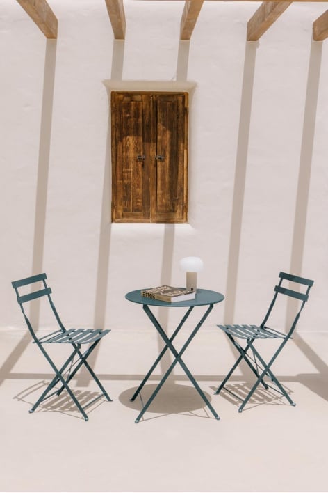 Sergey rundes Gartentisch-Set, Ø60 cm, aus Stahl und zwei klappbaren Gartenstühlen