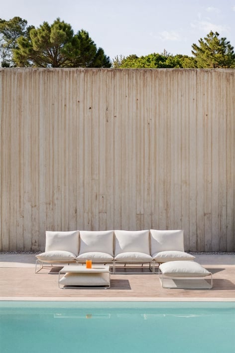 4-teiliges Garten-Set mit modularer Sofagarnitur, Beistelltisch und wandelbarem Pouf Amaro - Gardenia Weiß