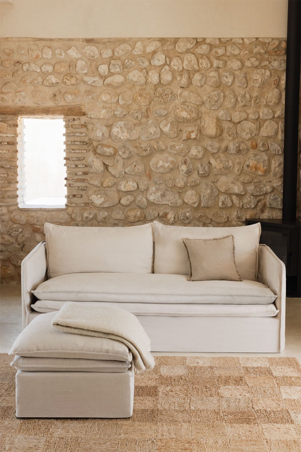 Grace-Wohnzimmerset aus Leinen und Baumwolle mit 3-Sitzer-Sofa und Hocker, Galeriebild 1