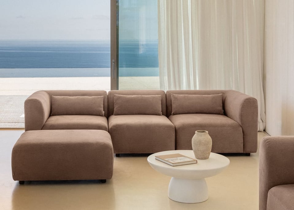 Fogler 3-teiliges Modulsofa mit Pouf - Kord Kamel Braun