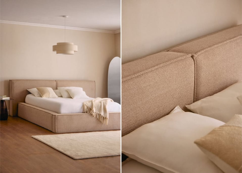 Bett mit Bettkasten für Matratze 180x200cm in sandgrauem Stoff Lunari