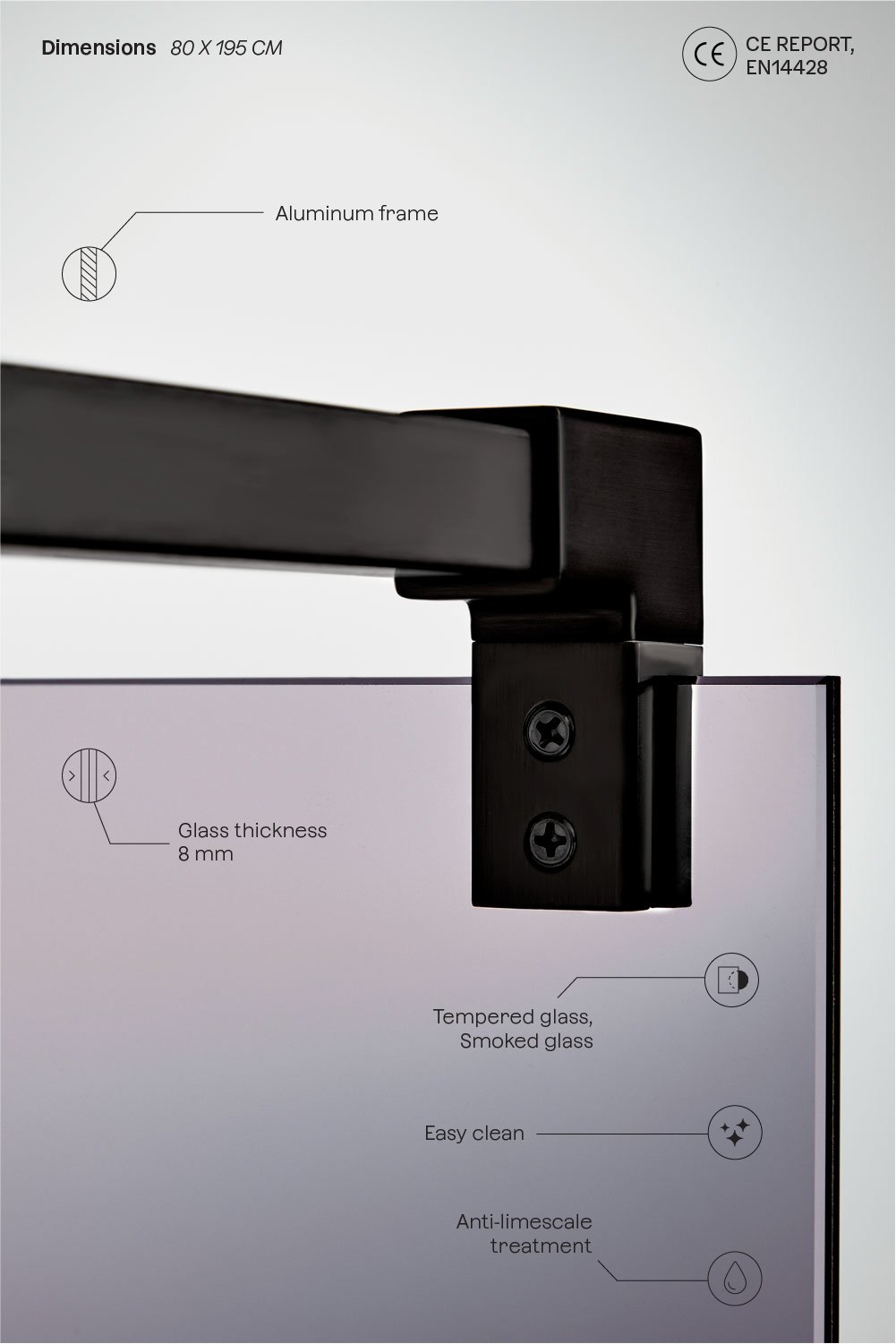 Feste Duschwand mit 8 mm gehärtetem Glas und Bristol-Aluminium, Galeriebild 3