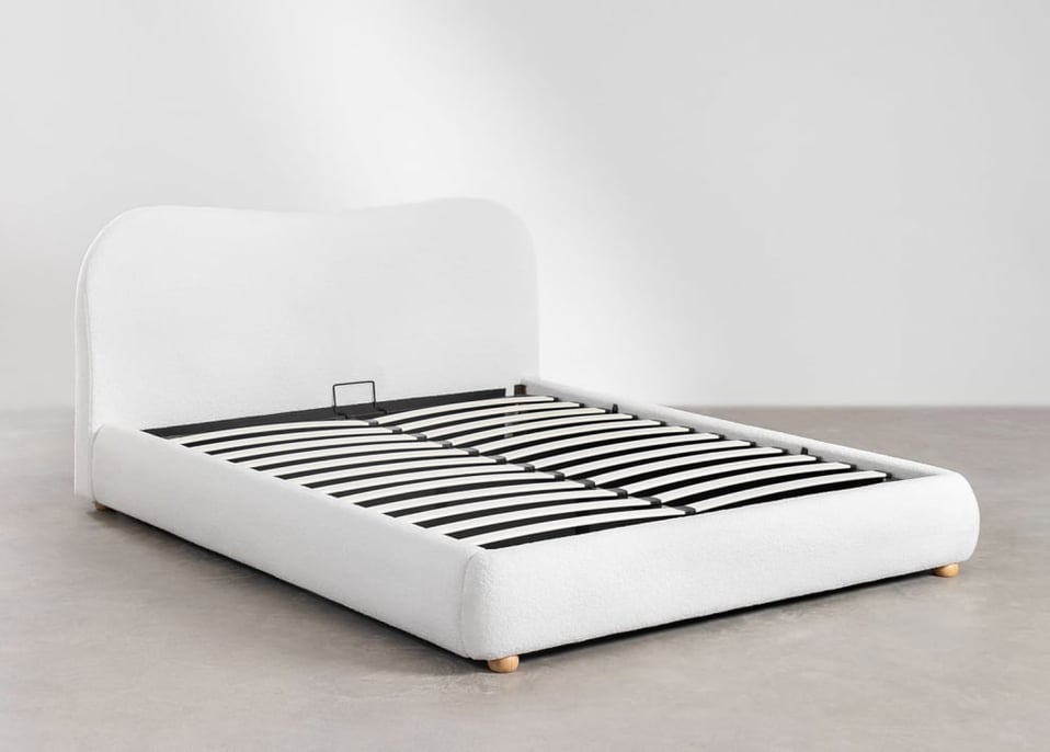 Bett mit Bettkasten für Matratze 160x200cm in Plüschstoff Winselet - Chenille Elfenbeinweiß