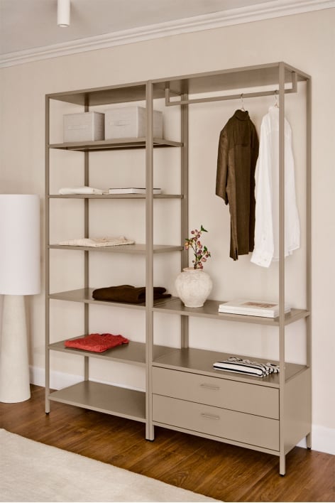 Janine 2-teiliger offener modularer Kleiderschrank mit Schubladen und Stahlregalen