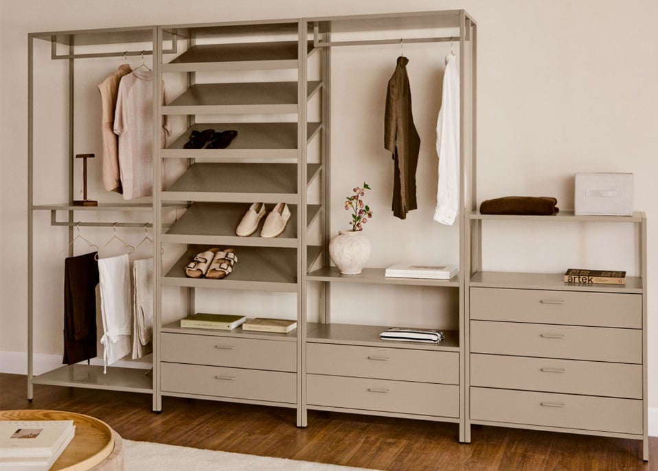 Janine 4-teiliger offener modularer Kleiderschrank mit Stahlschubladen