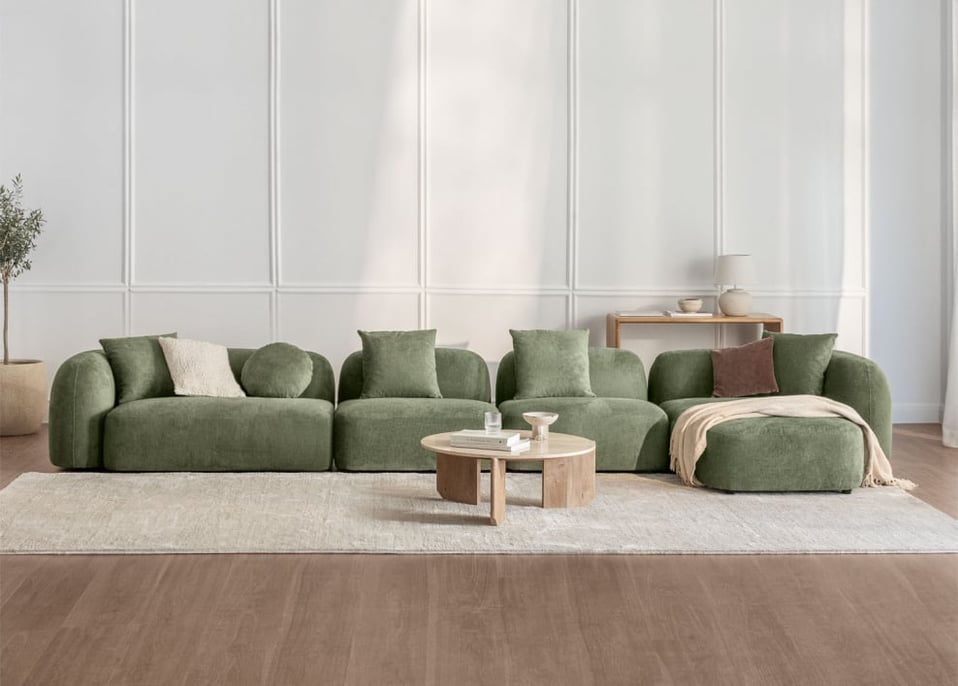 Modulares Sofa mit rechter Chaiselongue, 4-teilig, aus Chenille Coco - Chenille Salbei Grün