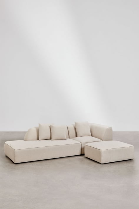Cardea 2-teiliges modulares Ecksofa mit Chaiselongue links und gepolstertem Hocker - Chenille in Creme Beige