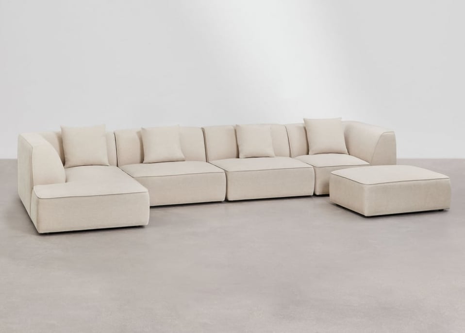 4-teiliges Chaiselongue-Modulsofa linksseitig mit gepolstertem Cardea-Hocker - Chenille in Creme Beige
