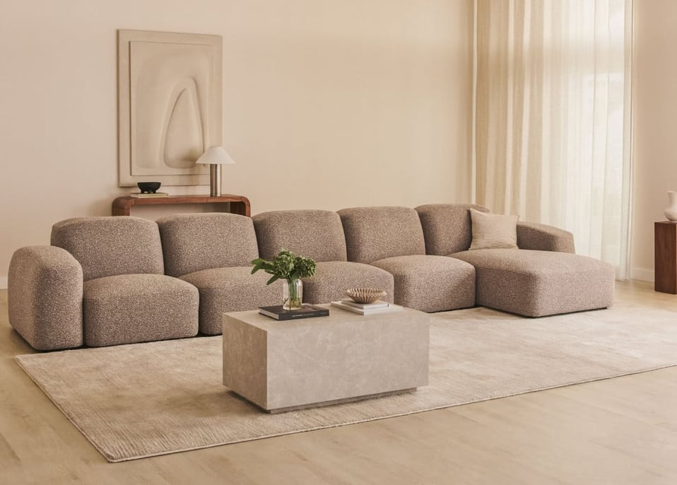 Bastian 5-teiliges modulares Sofa mit Chaiselongue rechts - Bouclé-Stoff Moka Braun