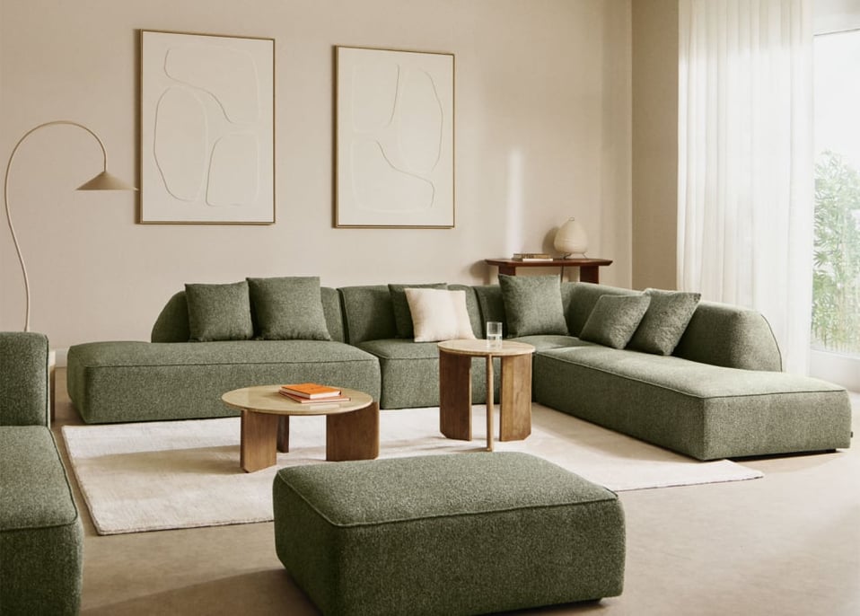 Cardea 4-teiliges modulares Ecksofa mit doppelter gepolsterter Chaiselongue - Bouclé Grün Salbei