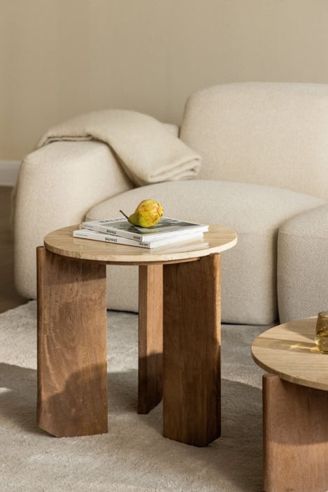 Runder Couchtisch aus Naturstein und Mangoholz Lavinia