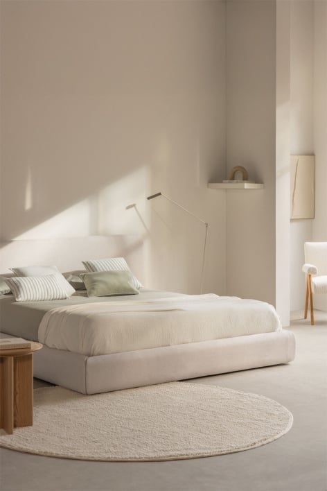 Bett mit Bettkasten für Matratze 200x200cm in cremefarbenem Stoff Norena