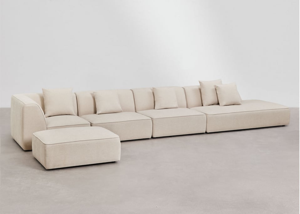 Cardea 4-teiliges modulares Ecksofa mit Chaiselongue rechts und gepolstertem Hocker - Chenille in Creme Beige