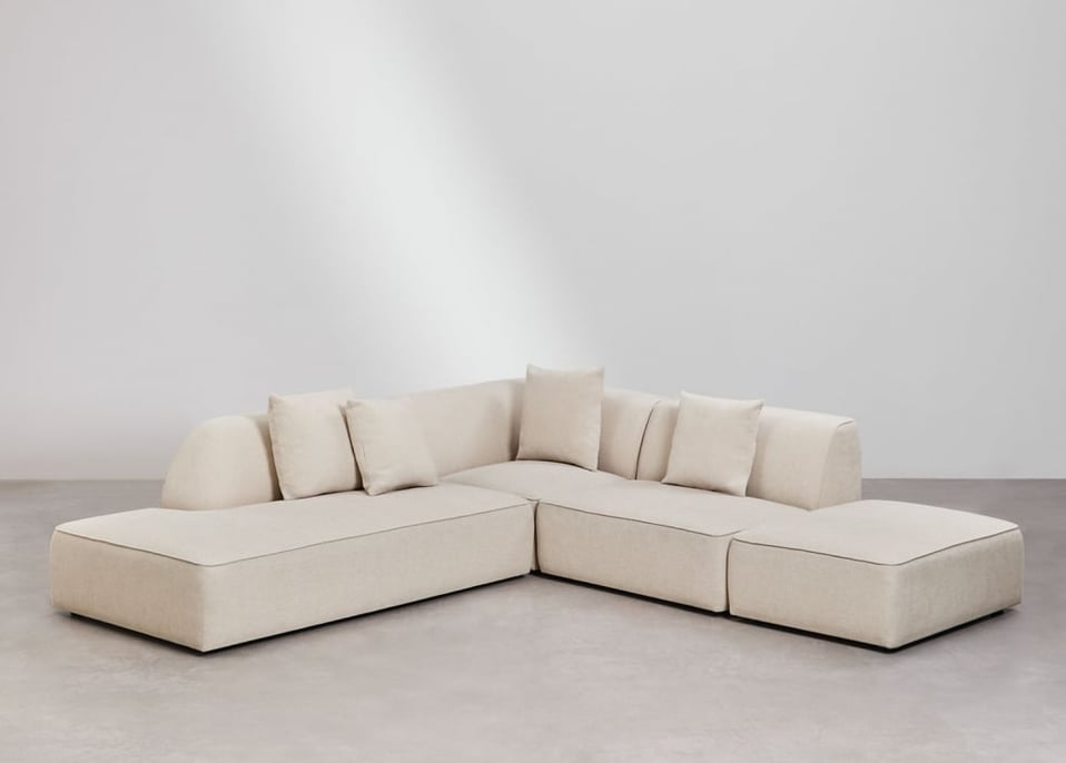 Cardea 3-teiliges modulares Ecksofa mit Chaiselongue links und gepolstertem Pouf - Chenille in Creme Beige