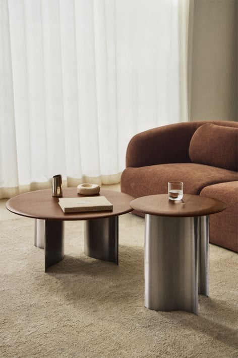 Set aus 2 runden Couchtischen aus Mangoholz und Edelstahl Marvion