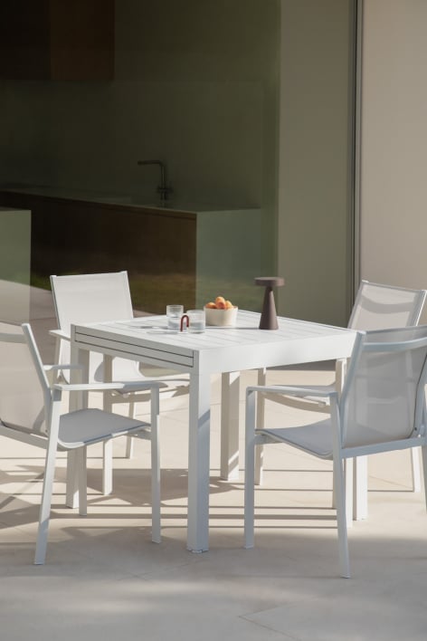 Ausziehtisch-Set 90x180-90 cm aus Aluminium Starmi und 4 Gartenstühle Eika - Gardenia Weiß