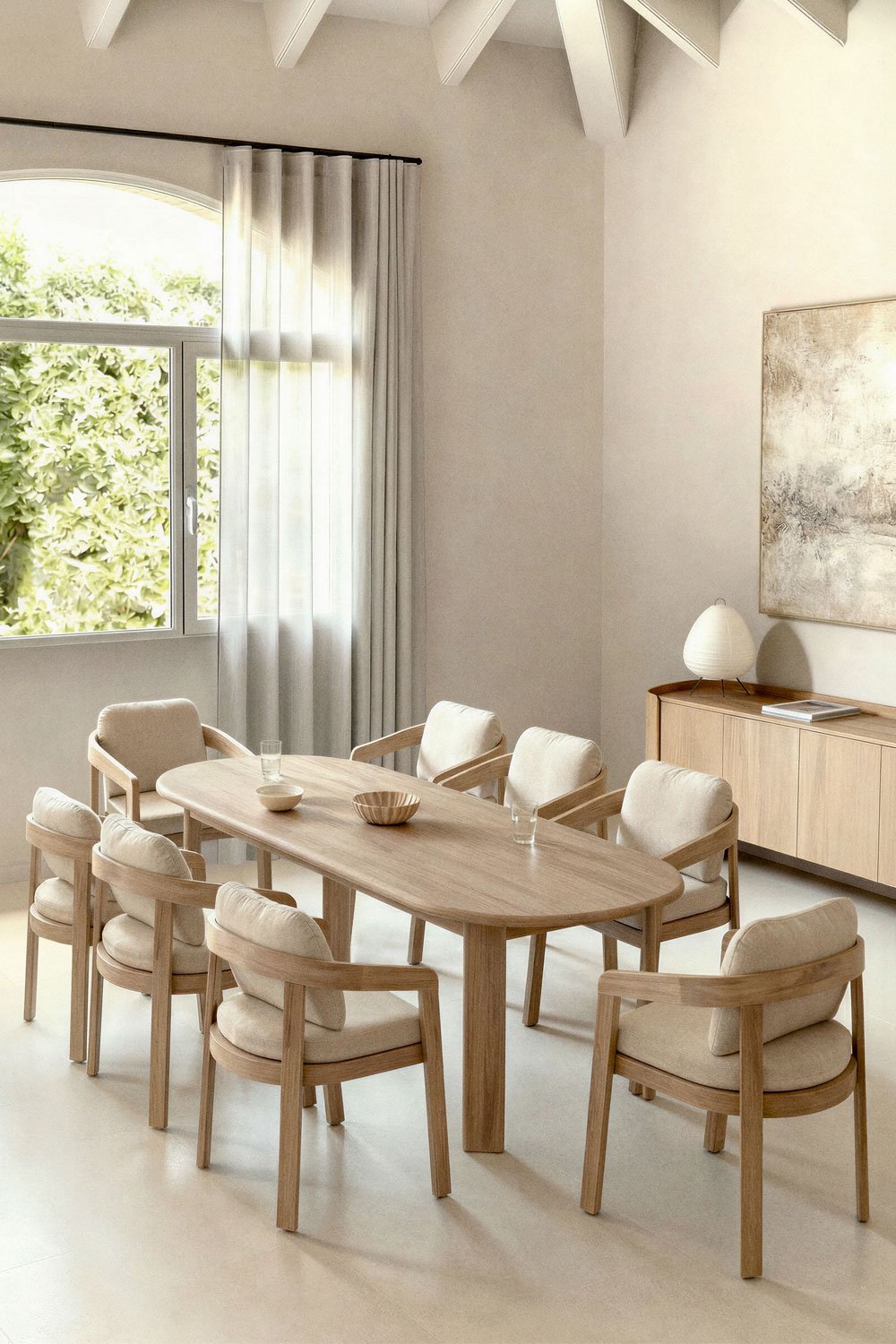 Ovaler Esstisch-Set 240x100 cm aus Akazienholz und 8 Esszimmerstühle aus Akazienholz Uleno, Galeriebild 1