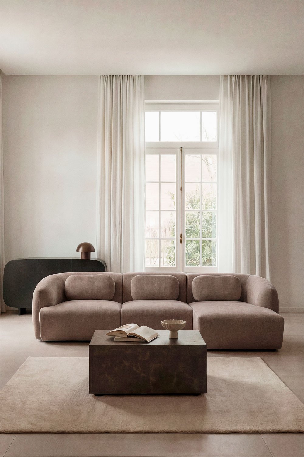3-teiliges modulares Ecksofa mit Recamiere rechts aus Chenille Coquette, Galeriebild 1