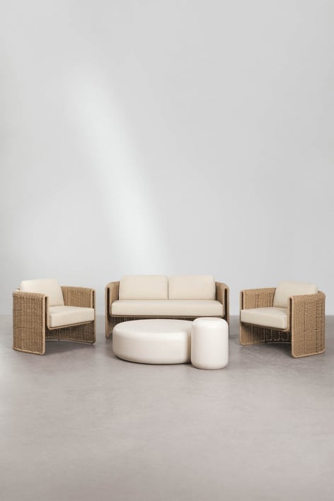 Gartenset mit 2-Sitzer-Sofa, 2 Sesseln aus Stahl und synthetischem Rattan Lina und 2 Couchtischen aus Beton Fonelas