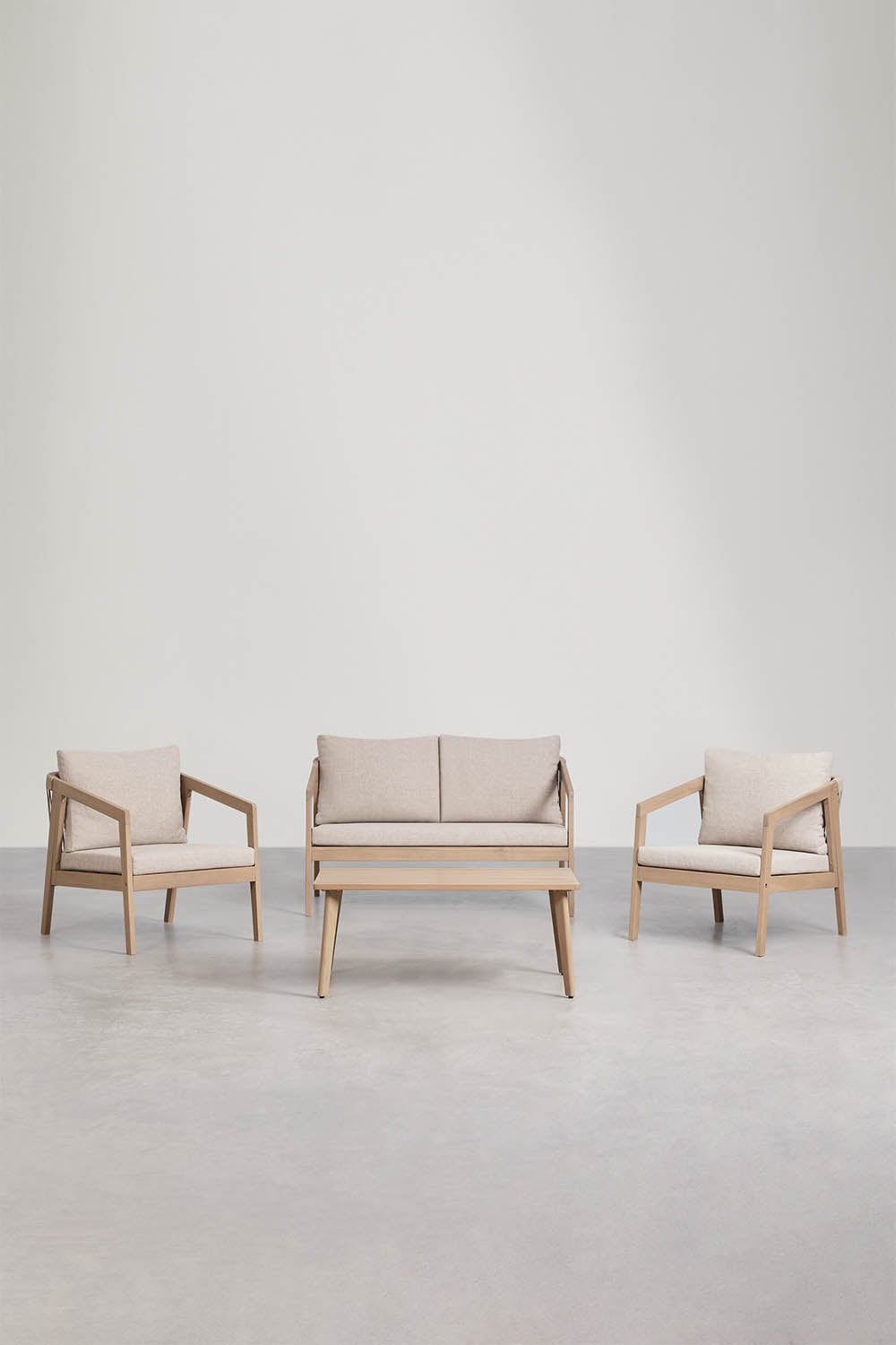 Wohnzimmerset mit 2-Sitzer-Sofa, 2 Sesseln und Couchtisch aus Akazienholz und geflochtener Kaela-Seilwicklung, Galeriebild 1