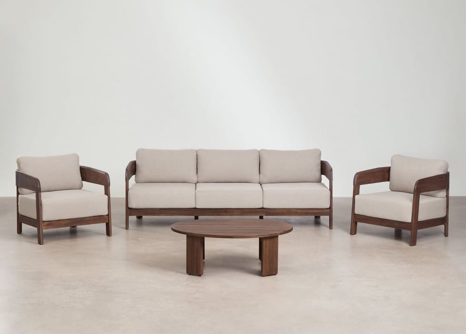 Wohnzimmerset mit 3-Sitzer-Sofa, 2 Sesseln und Couchtisch aus Akazienholz Uleno