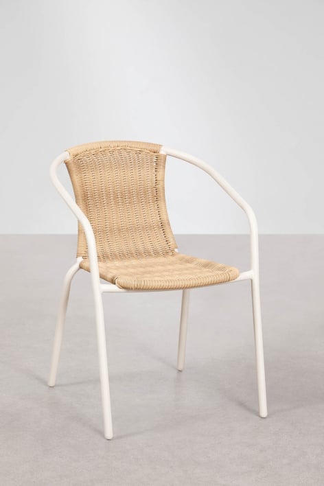 Stapelbarer Esszimmerstuhl mit Armlehnen aus Stahl und synthetischem Rattan Kalymana - Weiß Gardenia – Natur