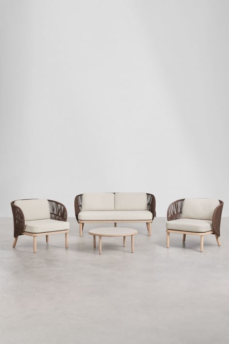Wohnzimmer-Set mit 2-Sitzer-Sofa, 2 Sesseln aus geflochtenem Capri-Seil und Couchtisch aus Akazienholz Olivia